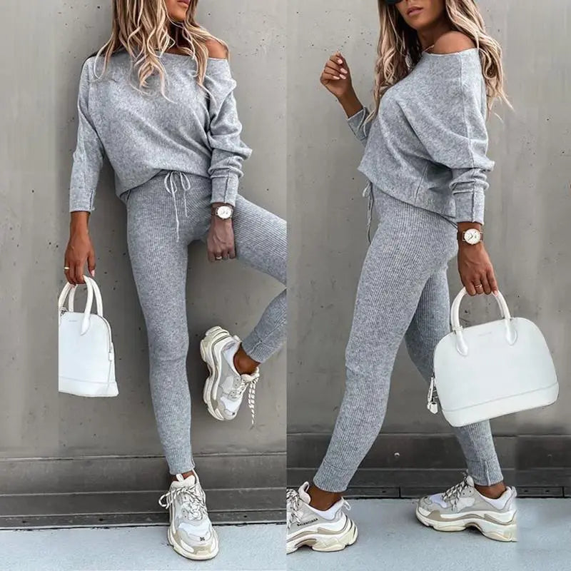 Elevate Your Casual Style with the Chicme Women's Cozy 2-Piece Sportswear Set Featuring Long Sleeve Top and High Waist Slim Pants