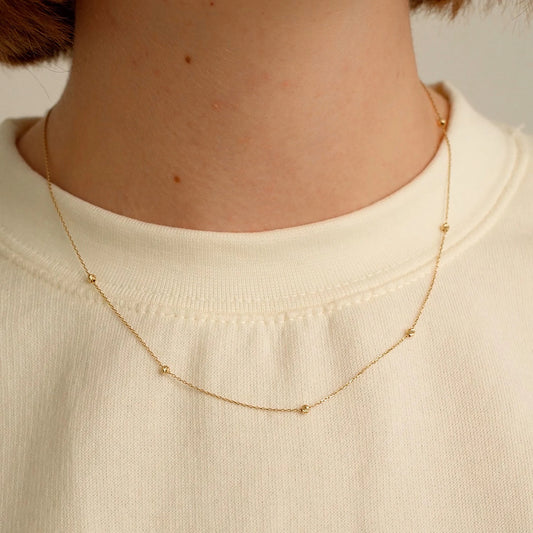 14K Solid Gold Bead Station Necklace: Delicate Ball Pendant