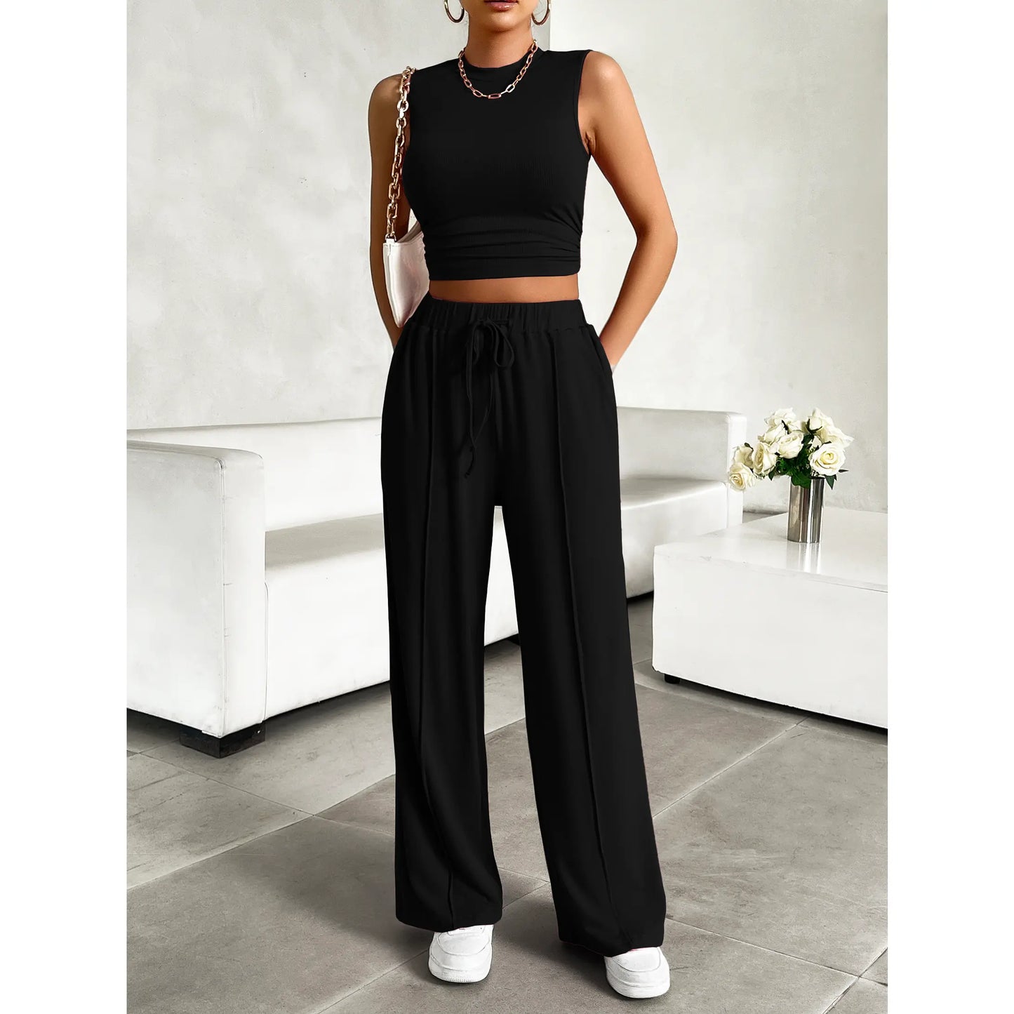 Women Summer Two Piece Outfits Ribbed Knit Crew Neck Sleeveless Cropped Tank Top Wide Leg Sweatpants Tracksuit Lounge Sets
