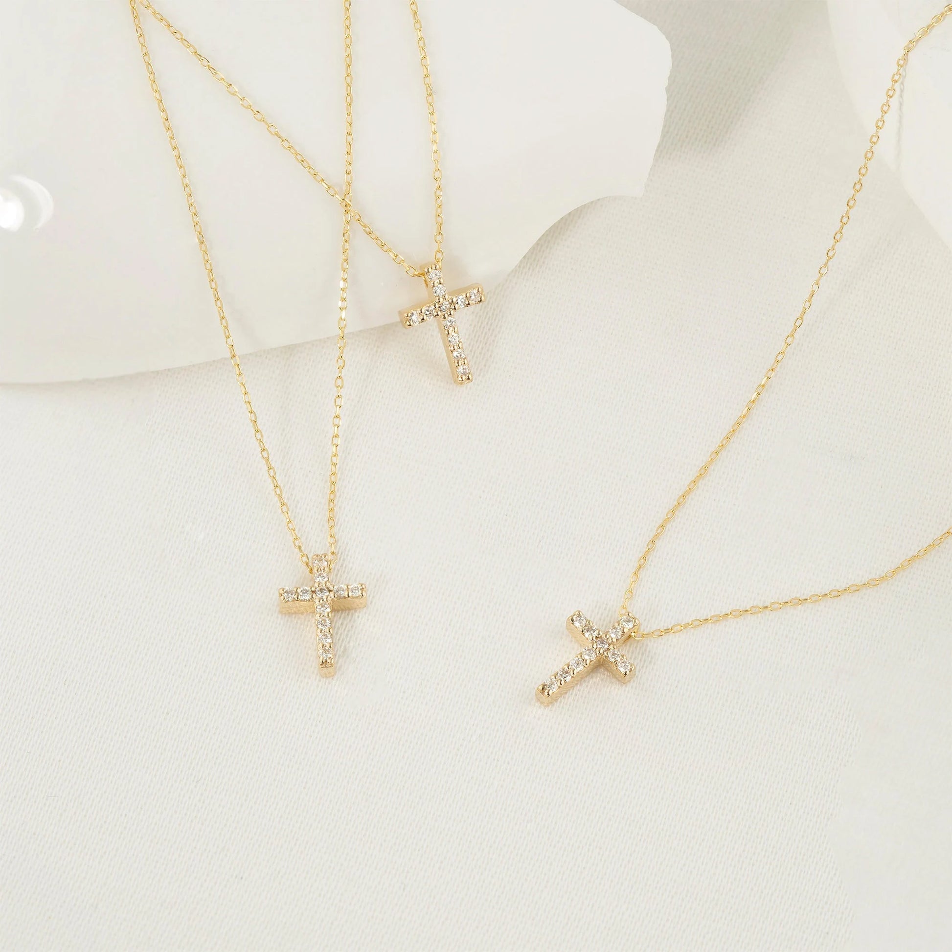 Diamond Cross Necklace in 10K or 14K Solid Gold: Dainty Pave Pendant for Women
