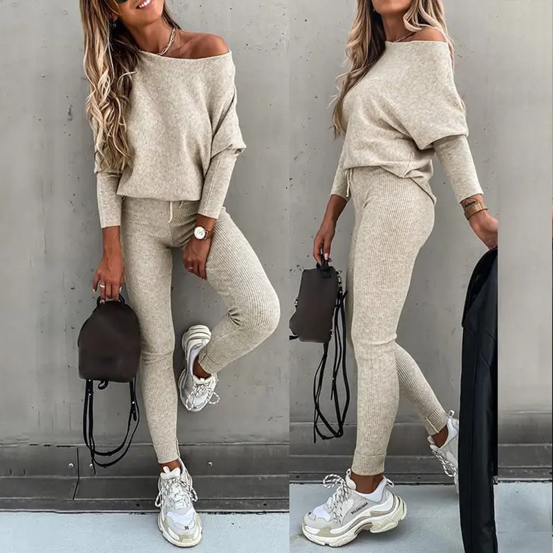 Elevate Your Casual Style with the Chicme Women's Cozy 2-Piece Sportswear Set Featuring Long Sleeve Top and High Waist Slim Pants
