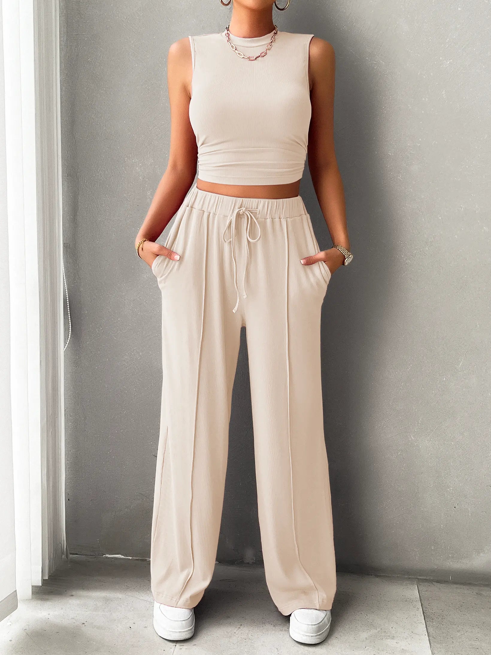 Women Summer Two Piece Outfits Ribbed Knit Crew Neck Sleeveless Cropped Tank Top Wide Leg Sweatpants Tracksuit Lounge Sets