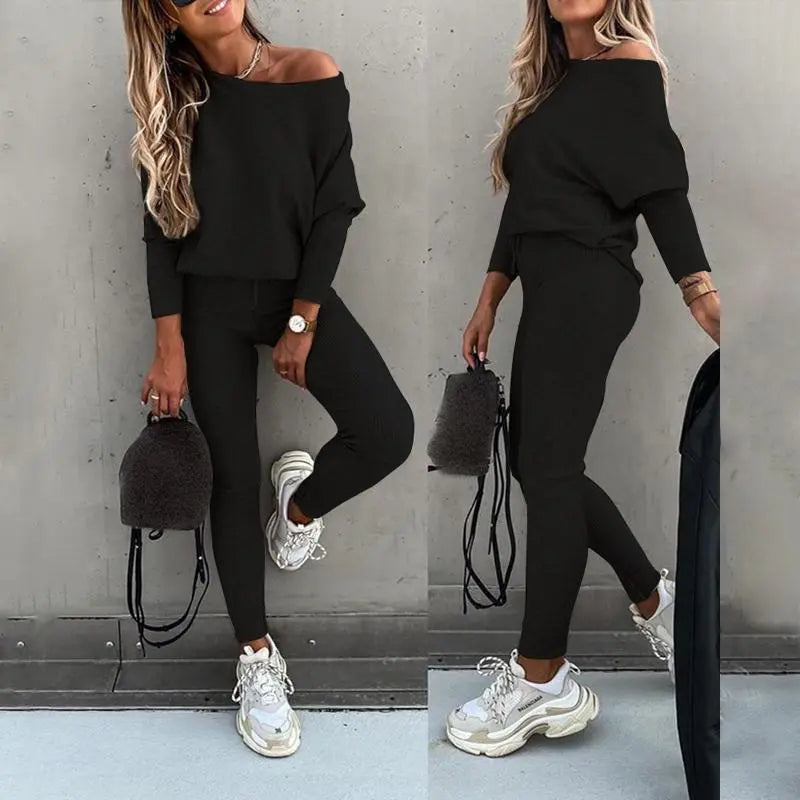 Elevate Your Casual Style with the Chicme Women's Cozy 2-Piece Sportswear Set Featuring Long Sleeve Top and High Waist Slim Pants