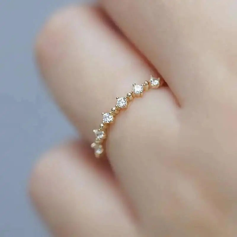 14K Gold Minimalist Stacking Ring with Thin Diamond CZ Crystals, Model Kj509