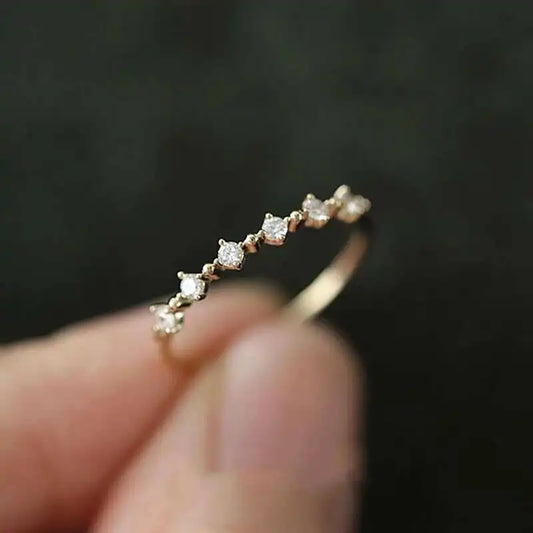 14K Gold Minimalist Stacking Ring with Thin Diamond CZ Crystals, Model Kj509