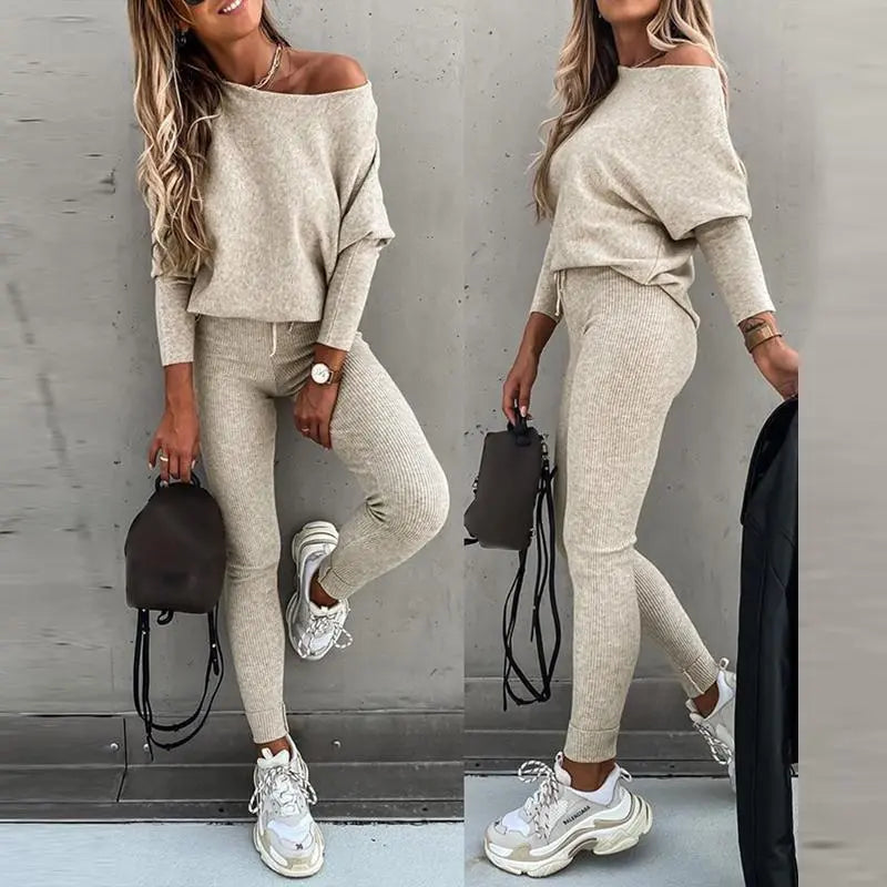 Elevate Your Casual Style with the Chicme Women's Cozy 2-Piece Sportswear Set Featuring Long Sleeve Top and High Waist Slim Pants