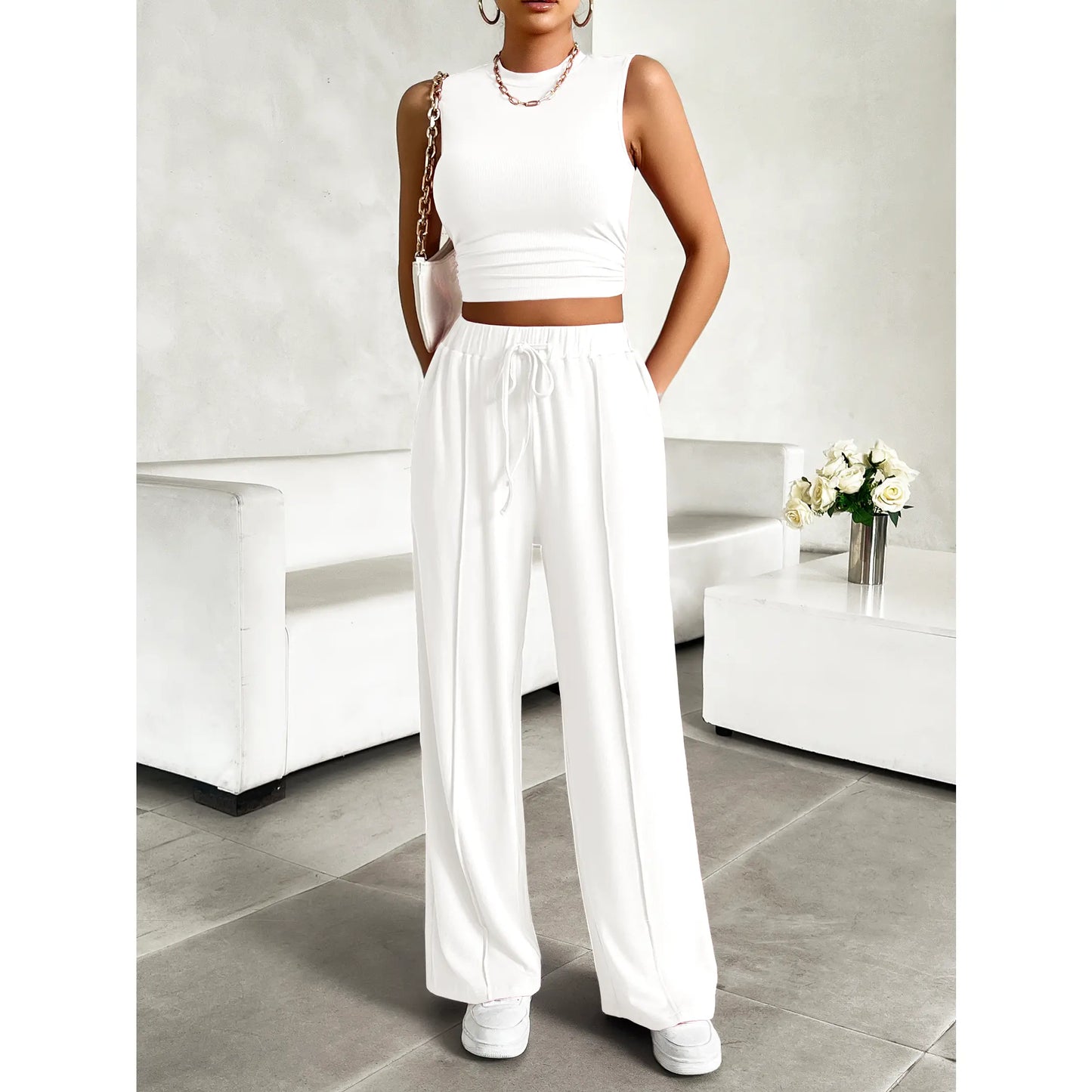 Women Summer Two Piece Outfits Ribbed Knit Crew Neck Sleeveless Cropped Tank Top Wide Leg Sweatpants Tracksuit Lounge Sets