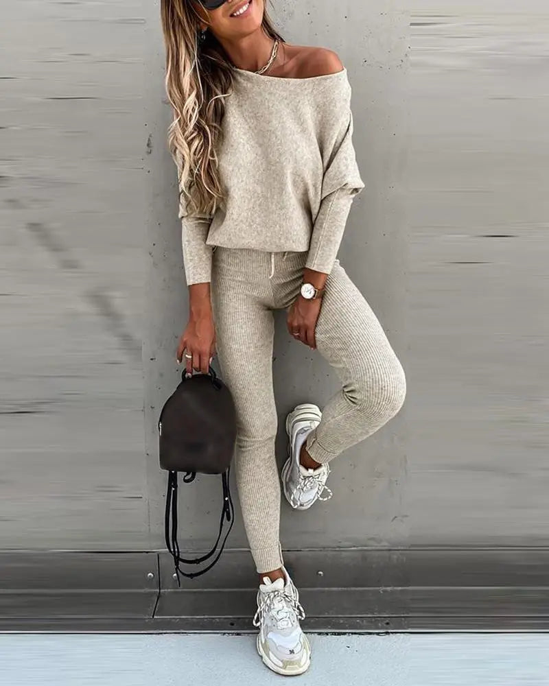Elevate Your Casual Style with the Chicme Women's Cozy 2-Piece Sportswear Set Featuring Long Sleeve Top and High Waist Slim Pants