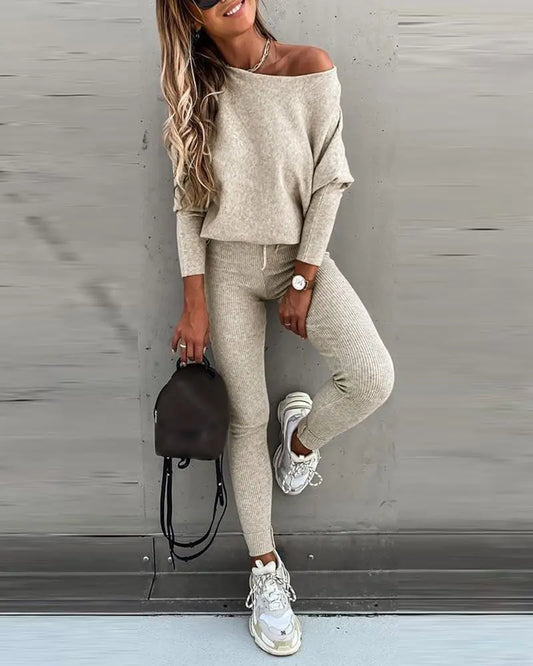 Elevate Your Casual Style with the Chicme Women's Cozy 2-Piece Sportswear Set Featuring Long Sleeve Top and High Waist Slim Pants
