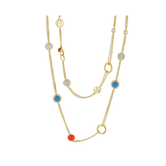 Caribbean Waters Turquoise Beaded Necklace with 18K Gold Finish and Beige Enamel Accents