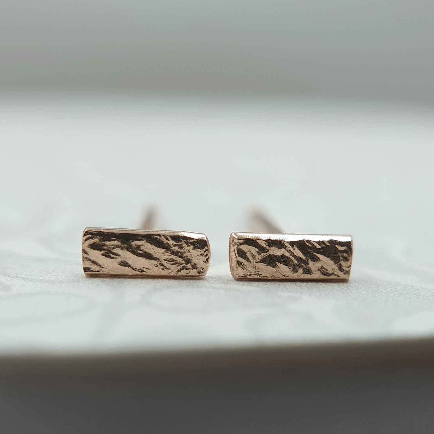 14K Solid Gold Bar Studs: Hammered Organic Earrings, Rose or Yellow