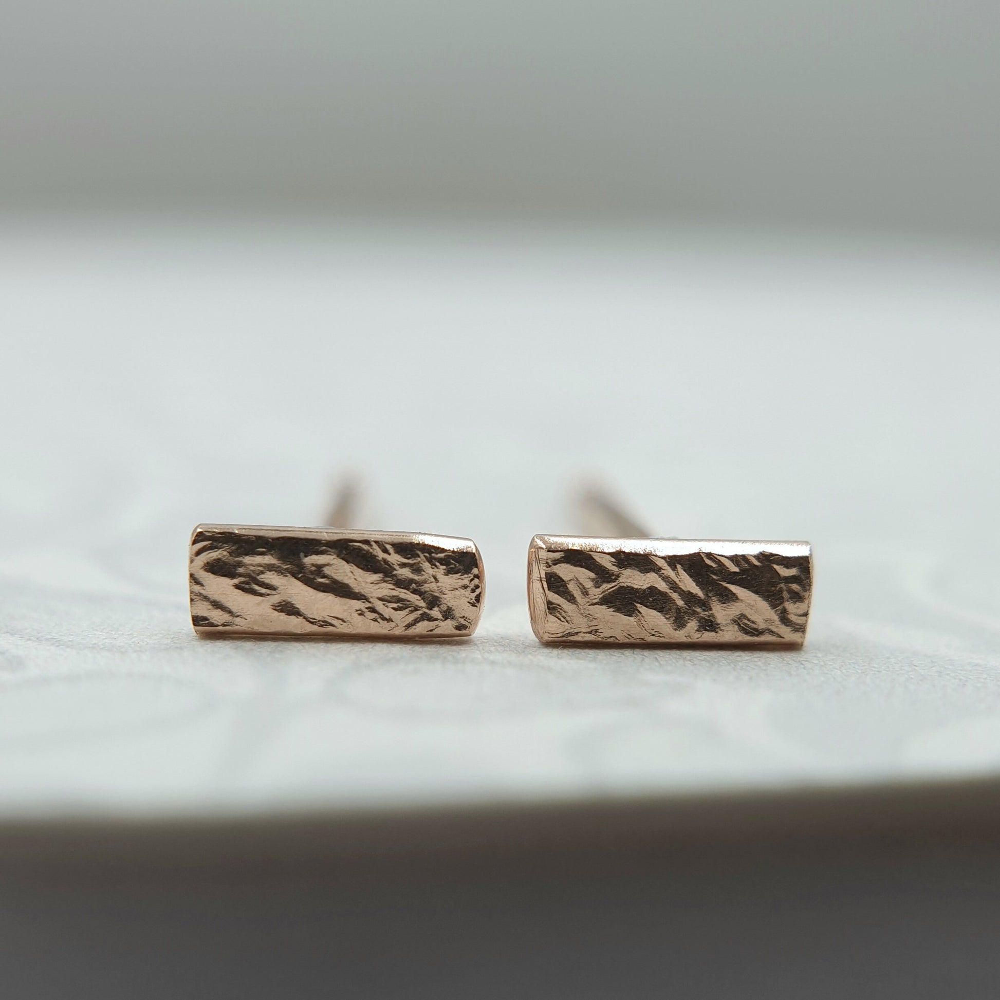 14K Solid Gold Bar Studs: Hammered Organic Earrings, Rose or Yellow