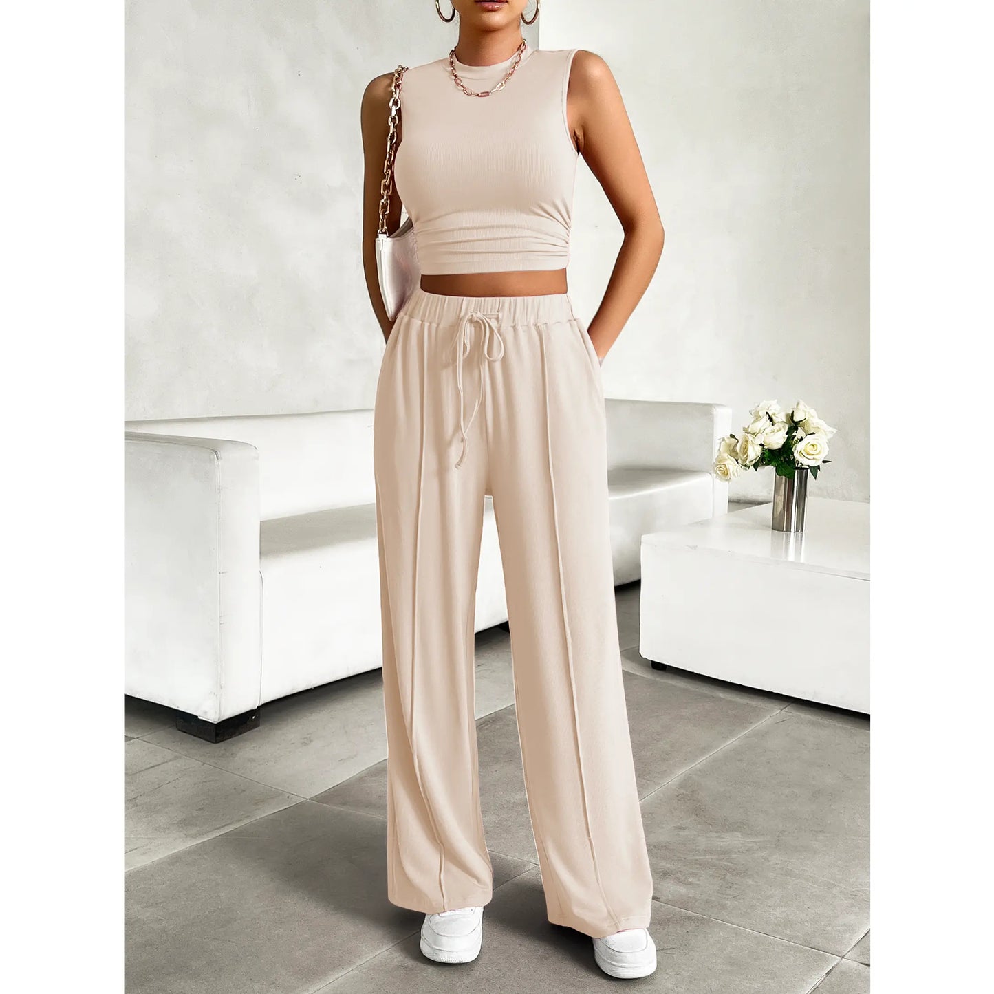 Women Summer Two Piece Outfits Ribbed Knit Crew Neck Sleeveless Cropped Tank Top Wide Leg Sweatpants Tracksuit Lounge Sets