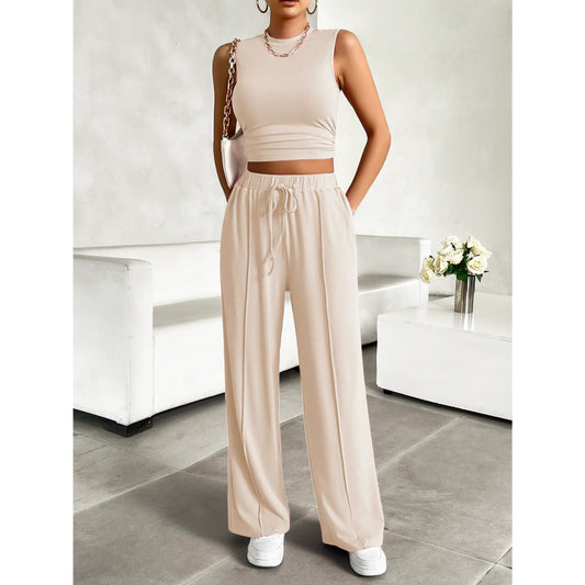 Women Summer Two Piece Outfits Ribbed Knit Crew Neck Sleeveless Cropped Tank Top Wide Leg Sweatpants Tracksuit Lounge Sets