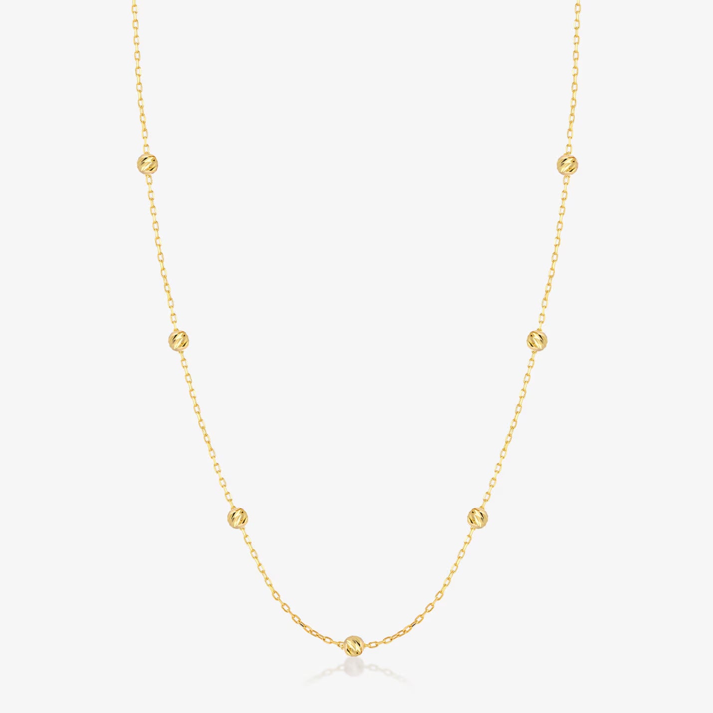 14K Solid Gold Bead Station Necklace: Delicate Ball Pendant