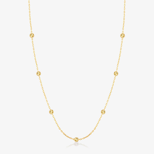 14K Solid Gold Bead Station Necklace: Delicate Ball Pendant