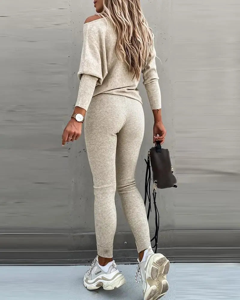 Elevate Your Casual Style with the Chicme Women's Cozy 2-Piece Sportswear Set Featuring Long Sleeve Top and High Waist Slim Pants