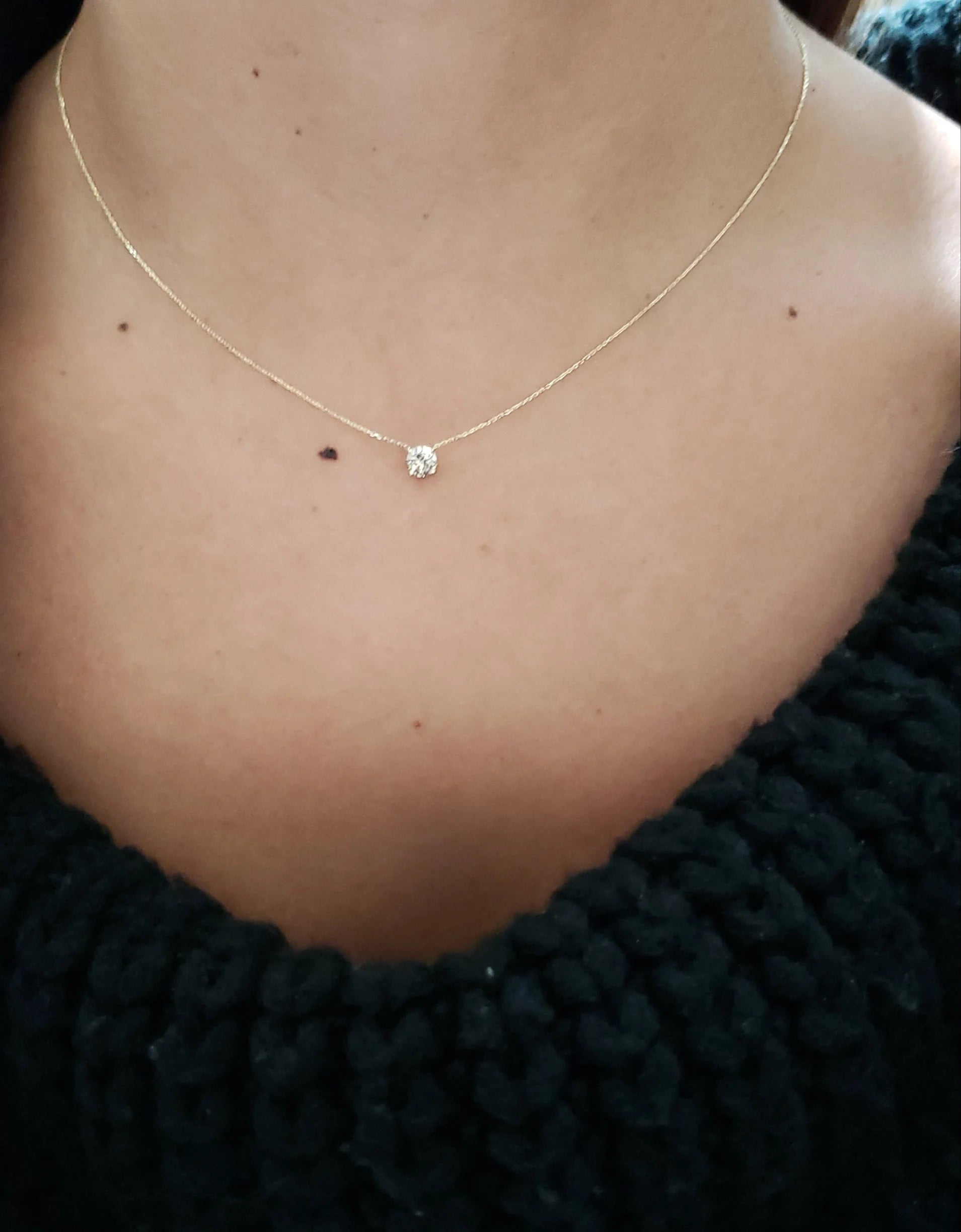 Attached Diamond on Chain, 14Kt Gold Diamond Necklace, Diamond Solitaire Necklace, Bridesmaid Necklace