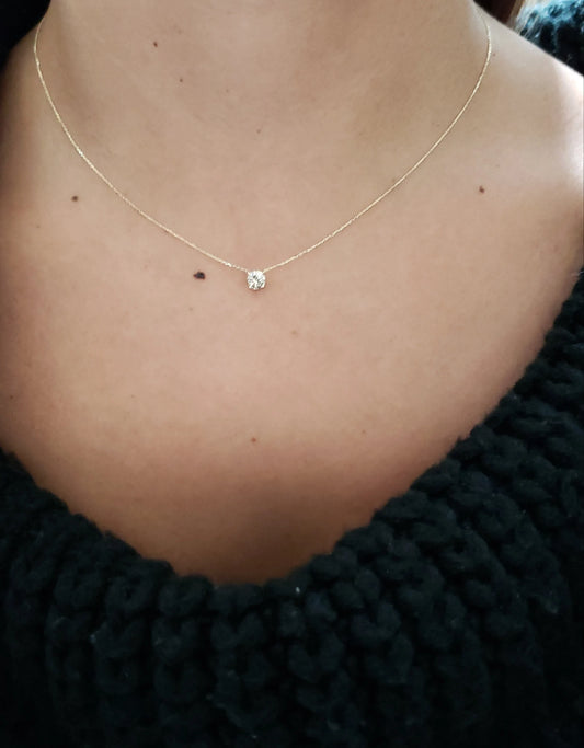 Attached Diamond on Chain, 14Kt Gold Diamond Necklace, Diamond Solitaire Necklace, Bridesmaid Necklace