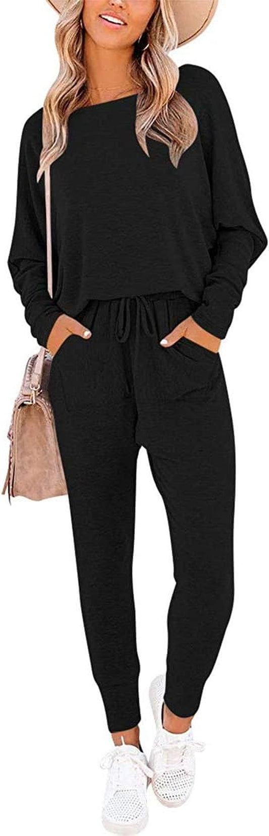 Women’S Causal Two Piece Outfit Long Pant Sweatsuit off Shoulder High Waist Loungewear Tracksuits with Pockets