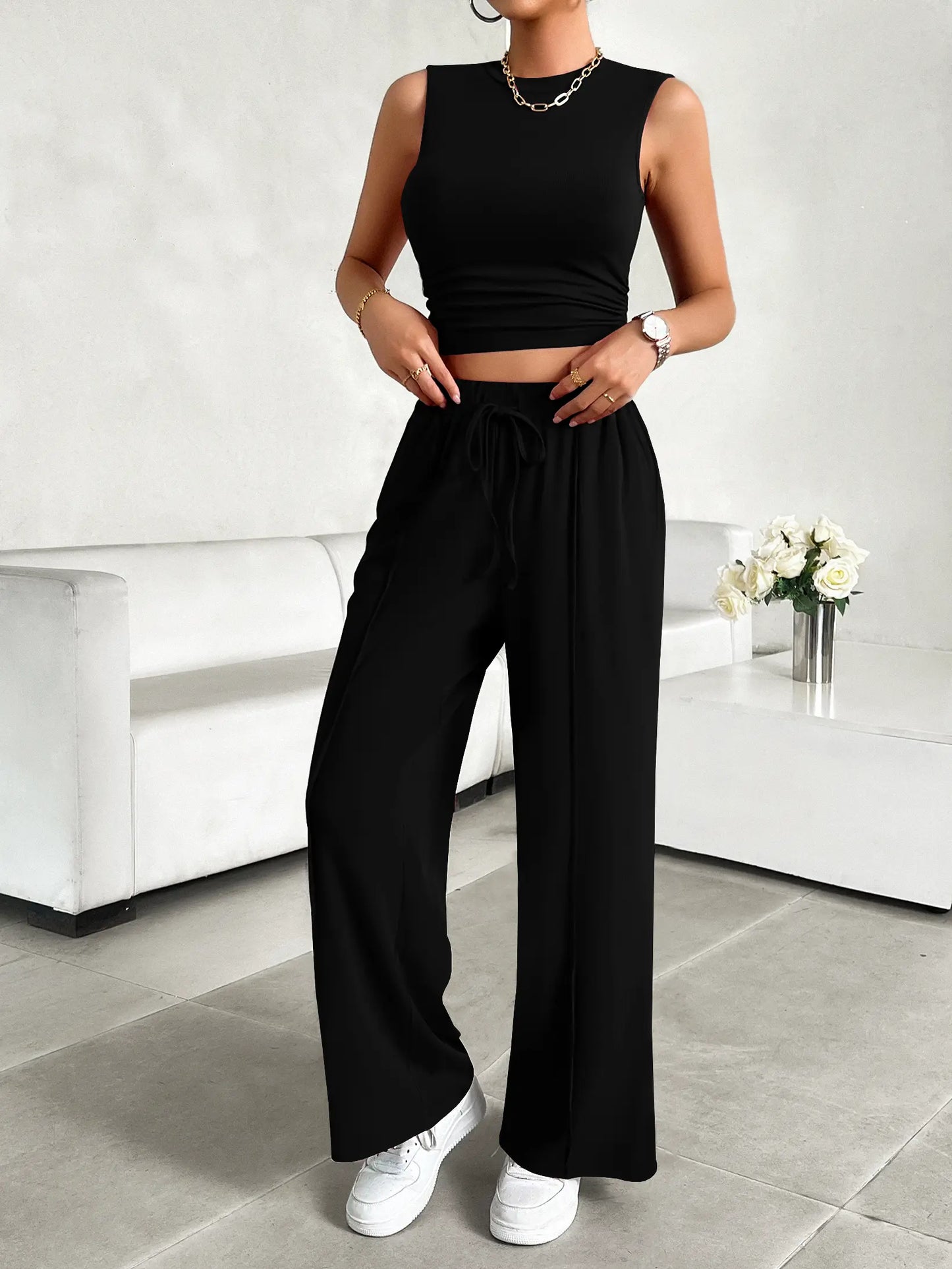 Women Summer Two Piece Outfits Ribbed Knit Crew Neck Sleeveless Cropped Tank Top Wide Leg Sweatpants Tracksuit Lounge Sets