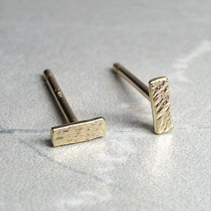 14K Solid Gold Bar Studs: Hammered Organic Earrings, Rose or Yellow