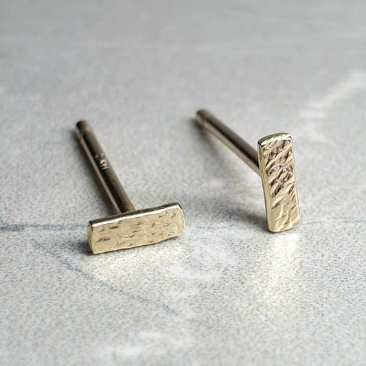14K Solid Gold Bar Studs: Hammered Organic Earrings, Rose or Yellow