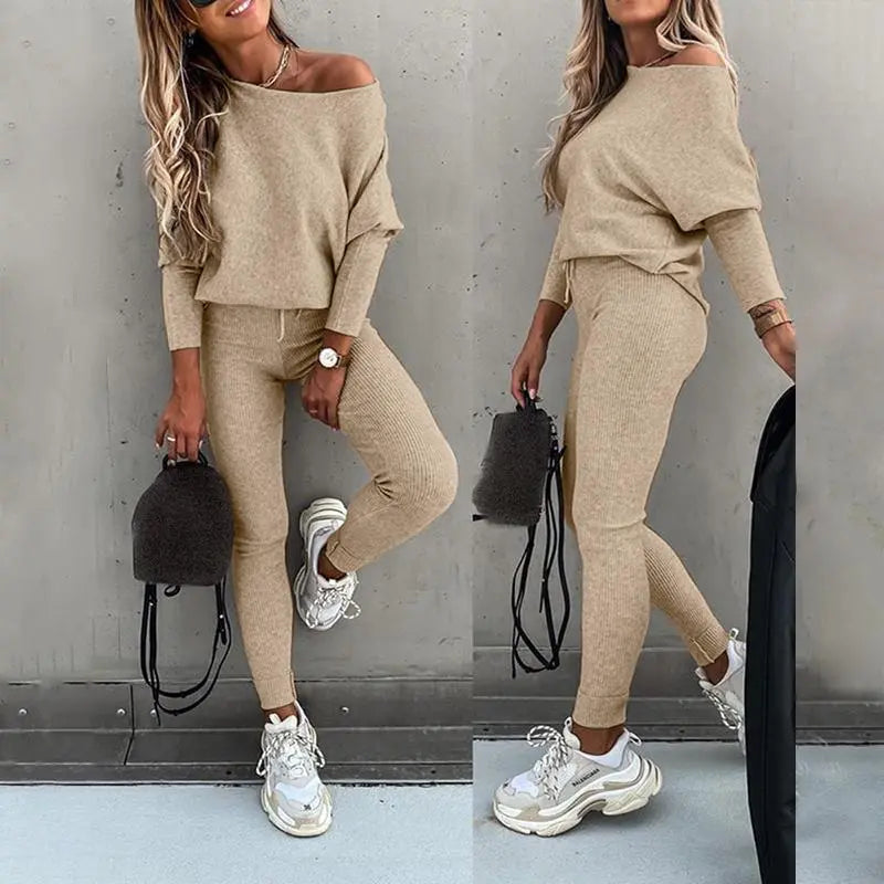 Elevate Your Casual Style with the Chicme Women's Cozy 2-Piece Sportswear Set Featuring Long Sleeve Top and High Waist Slim Pants