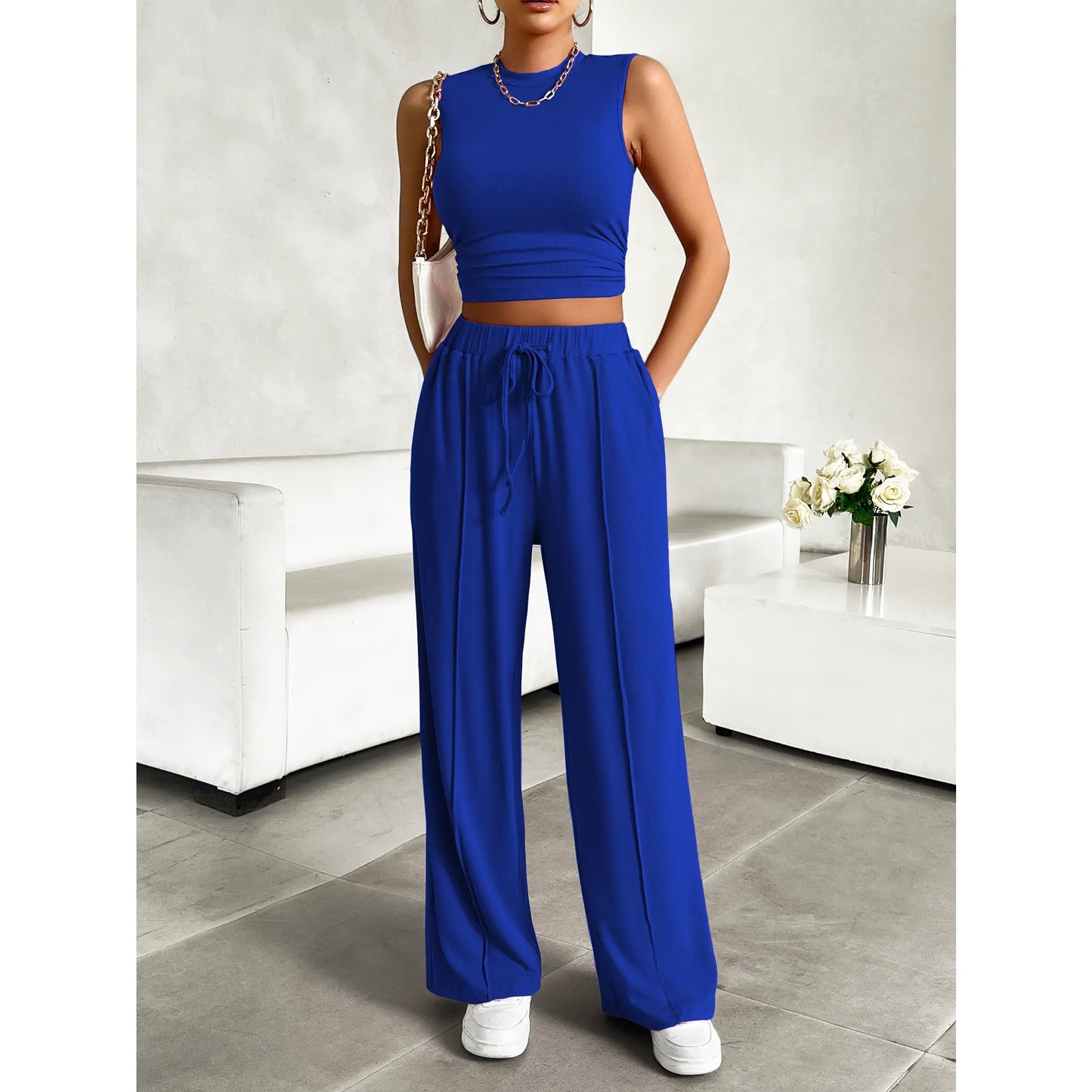 Women Summer Two Piece Outfits Ribbed Knit Crew Neck Sleeveless Cropped Tank Top Wide Leg Sweatpants Tracksuit Lounge Sets