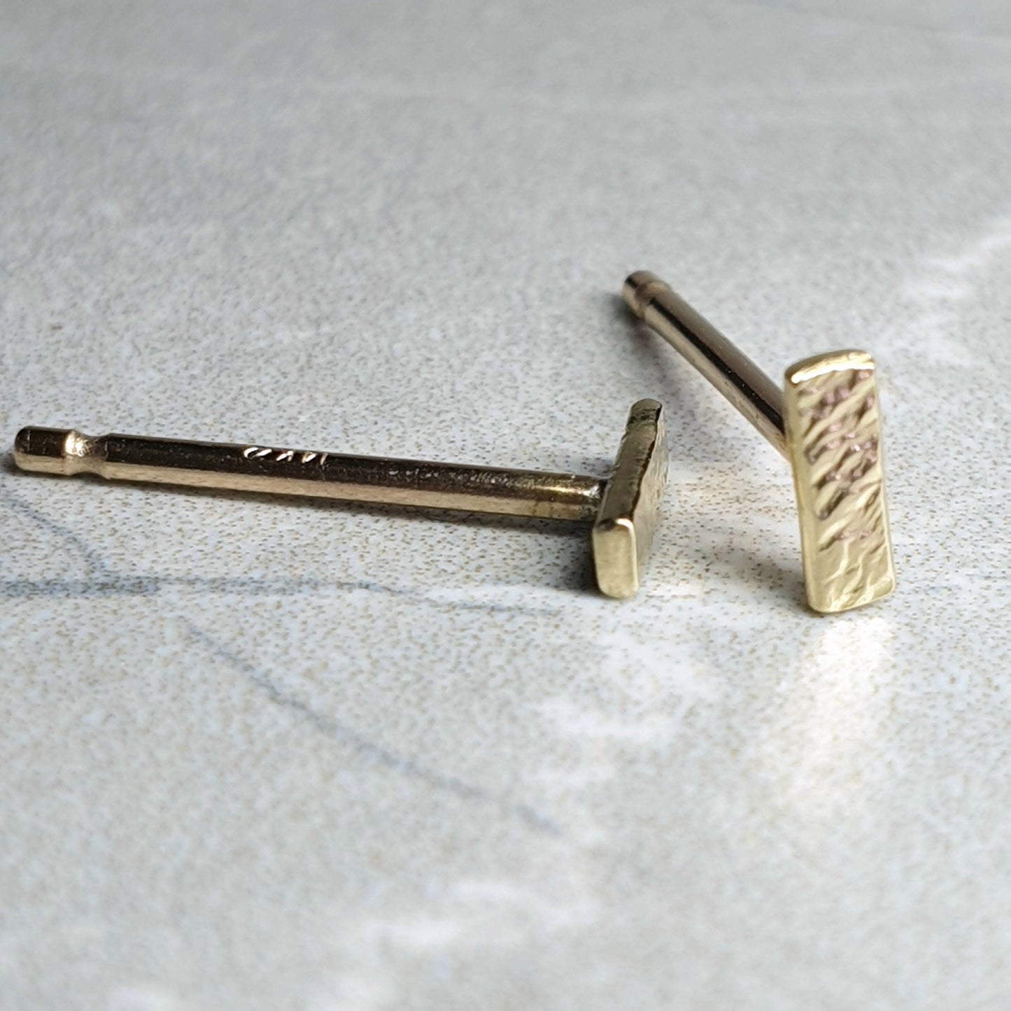 14K Solid Gold Bar Studs: Hammered Organic Earrings, Rose or Yellow