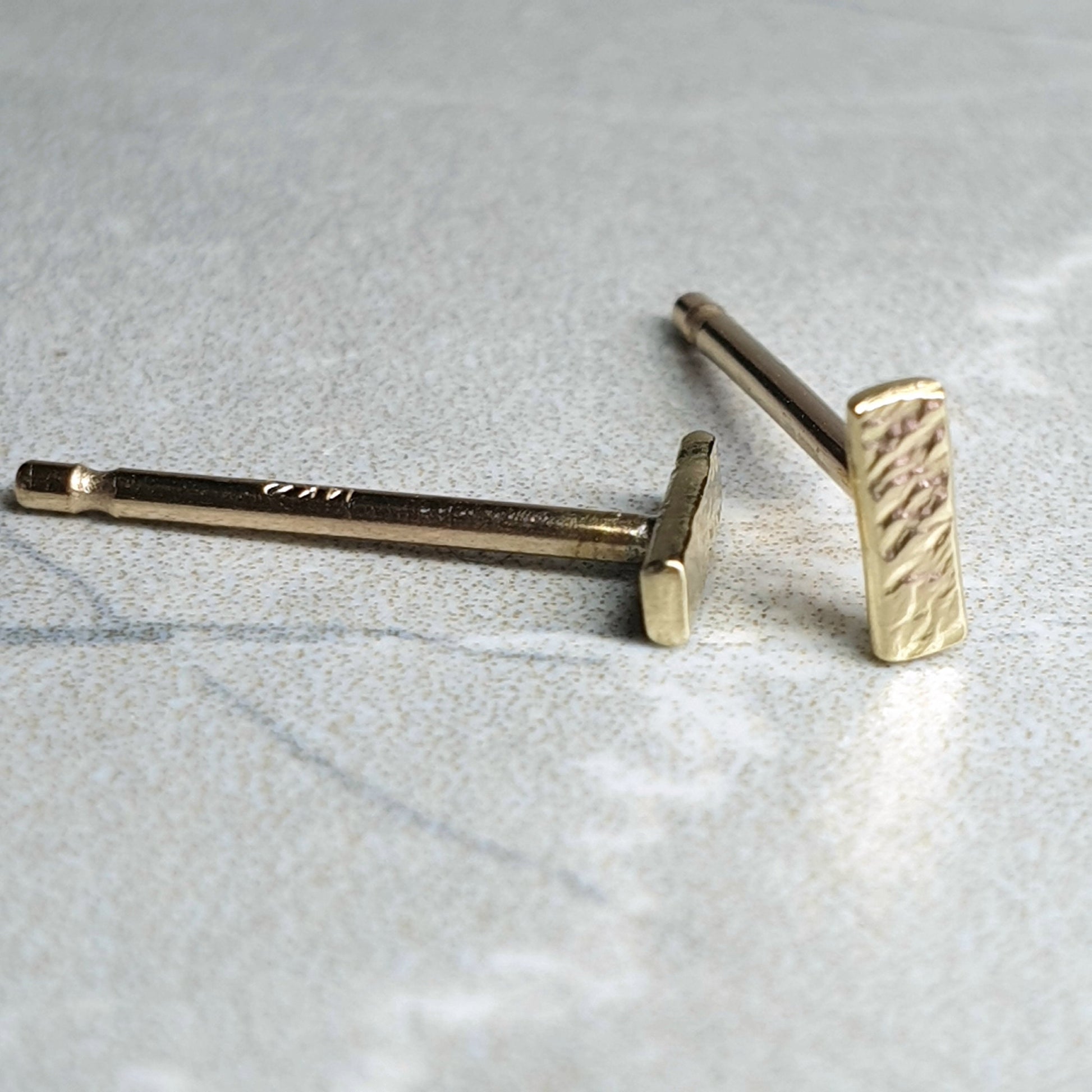 14K Solid Gold Bar Studs: Hammered Organic Earrings, Rose or Yellow