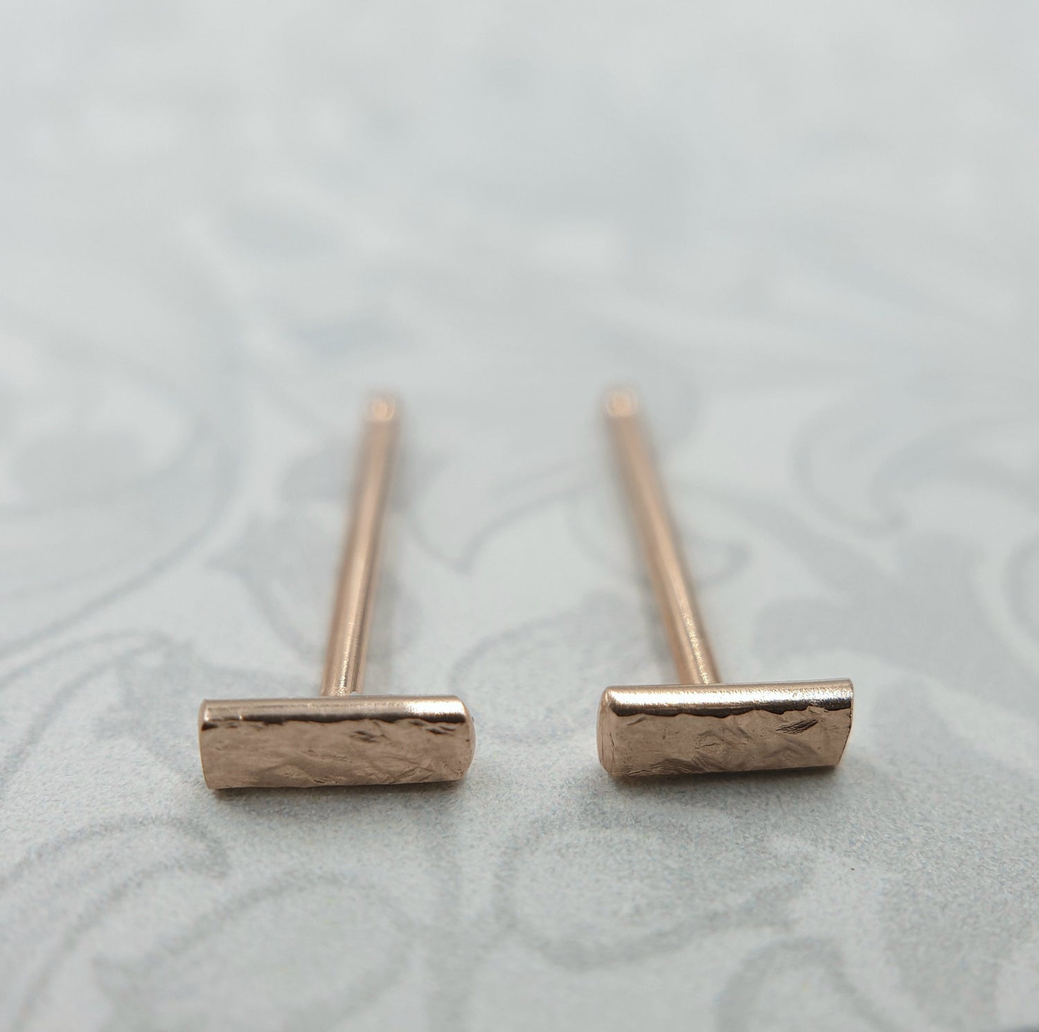 14K Solid Gold Bar Studs: Hammered Organic Earrings, Rose or Yellow