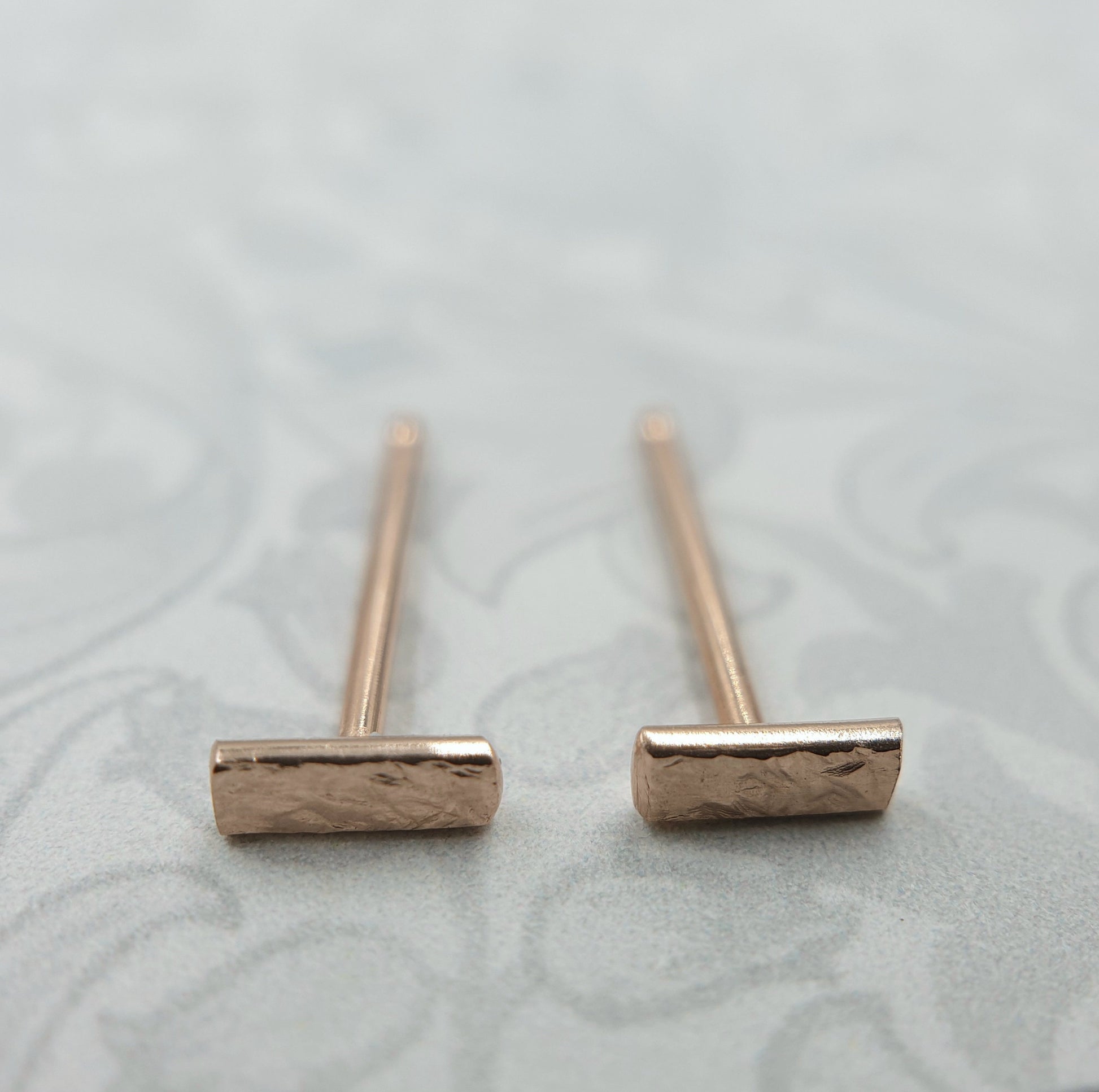 14K Solid Gold Bar Studs: Hammered Organic Earrings, Rose or Yellow