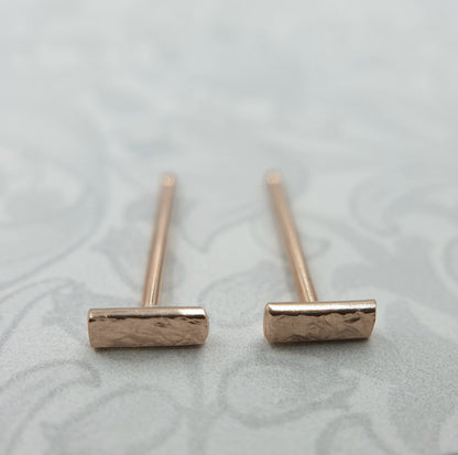 14K Solid Gold Bar Studs: Hammered Organic Earrings, Rose or Yellow